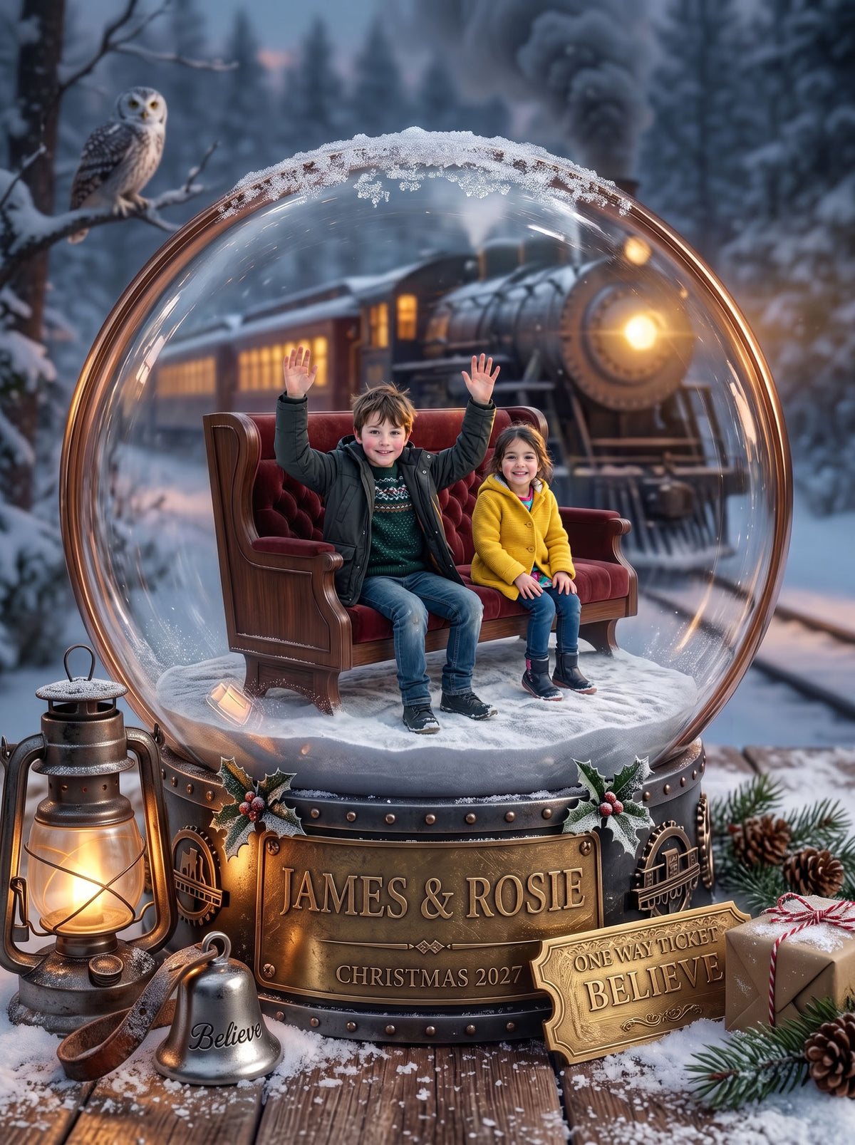 Christmas Movie, Song & Story Worlds — Custom Snow Globe Keepsake (Framed Print, Animated Video or Digital)