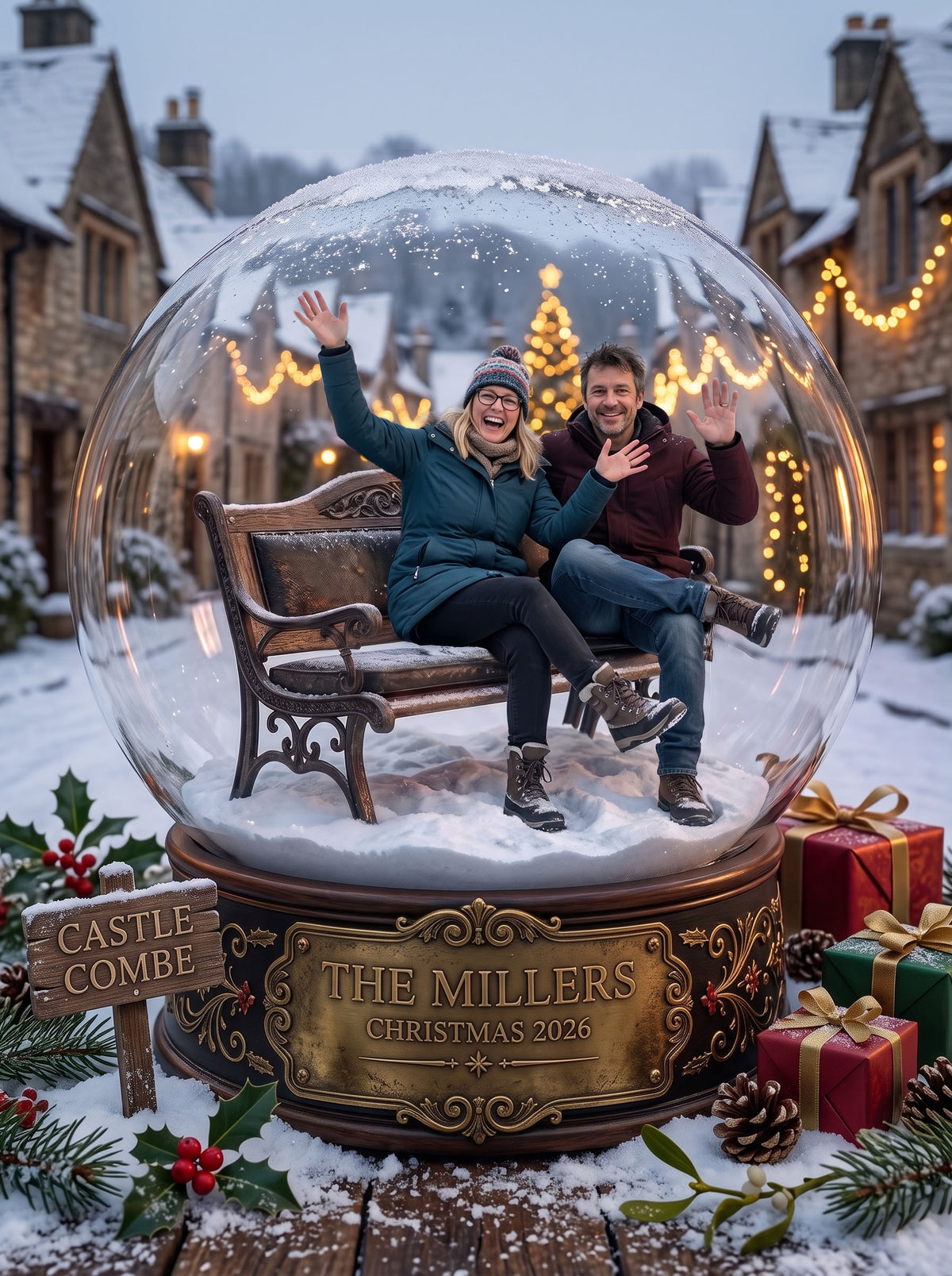 Personalised 'Christmas in Your Town' Snow Globe Framed Print & Keepsake