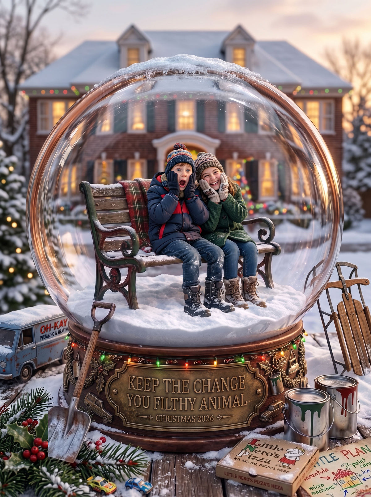 Christmas Movie, Song & Story Worlds — Custom Snow Globe Keepsake (Framed Print, Animated Video or Digital)