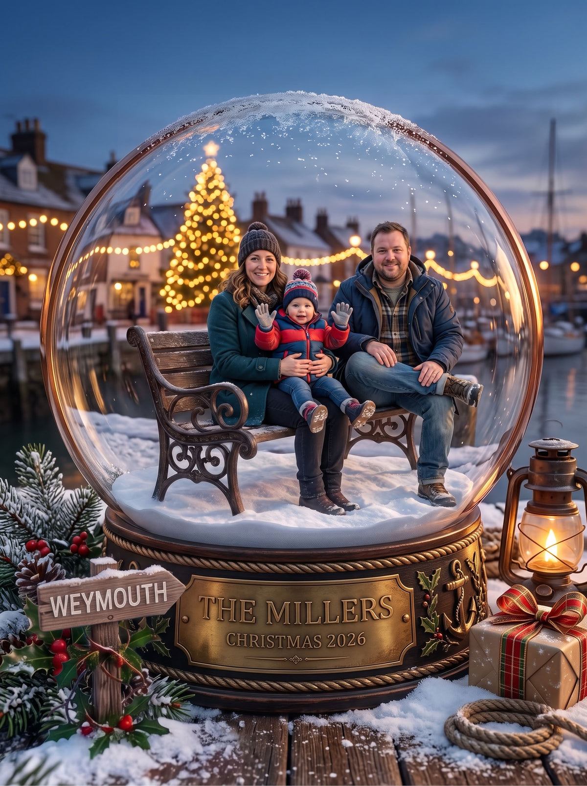 Personalised 'Christmas in Your Town' Snow Globe Framed Print & Keepsake